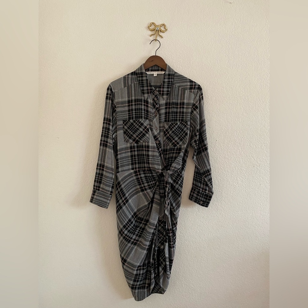 VERONICA BEARD Sierra Plaid Flannel Ruched Shirt Dress Black Size 6
